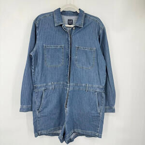 Women's Gap NWT Long Sleeve Utility Romper Blue Pinstripe Cotton Romper 16